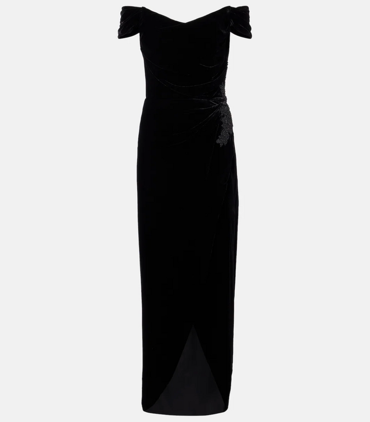 off-shoulder velvet column dress with draped bodice – EZAT