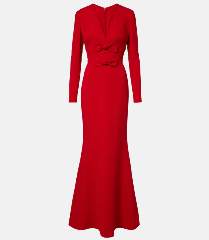 long sleeve V-neck gown with double bow detail – WALID
