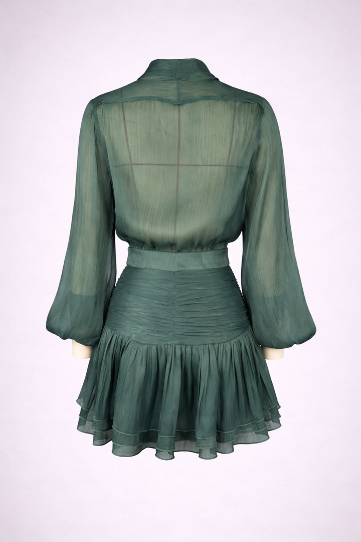 Elegant Green Sheer Bow Mini Dress-RENAL
