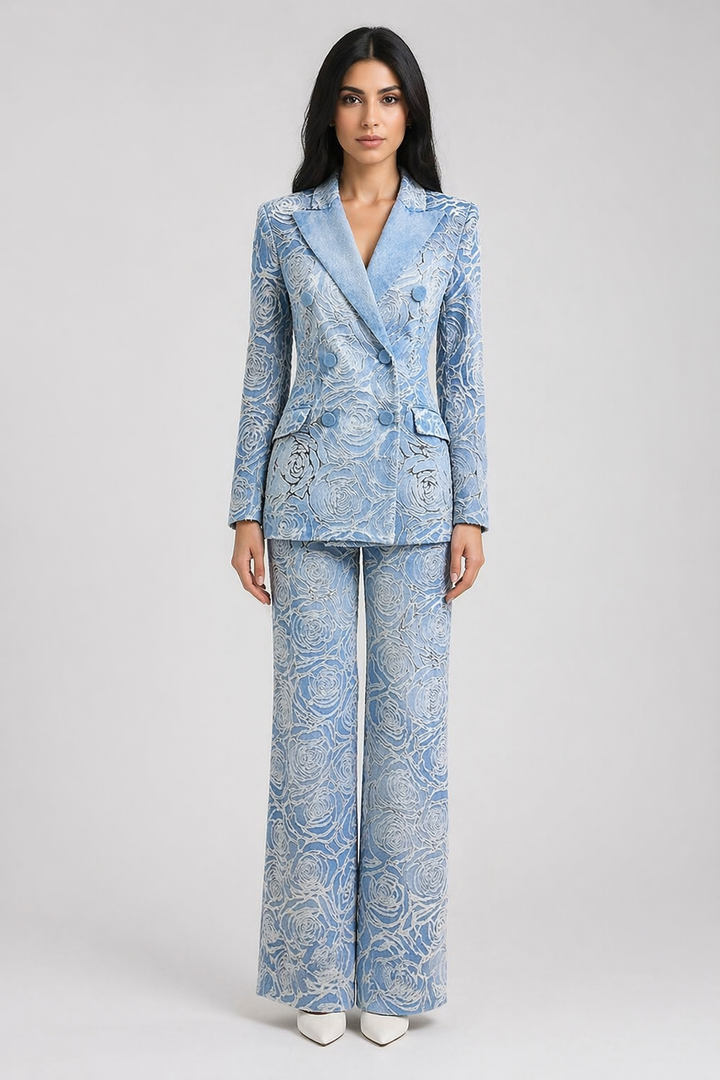 Blue Floral Jacquard Blazer and Wide-Leg Pants Set - AZELLA
