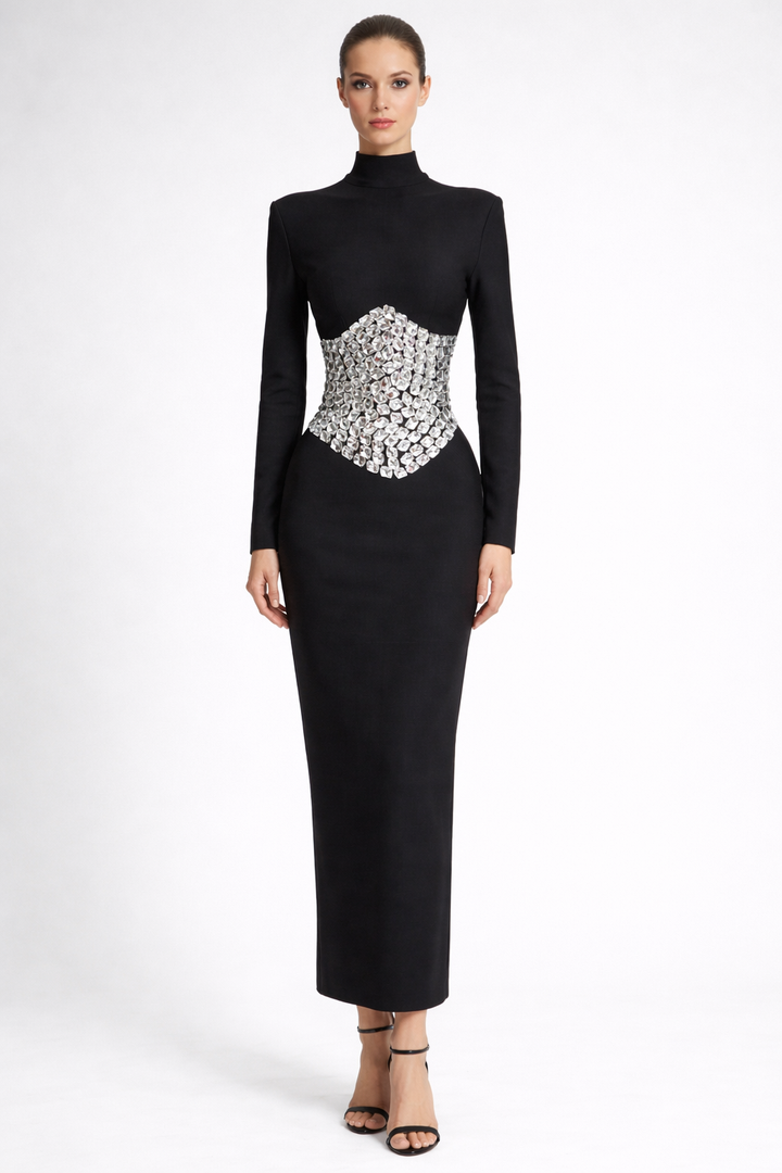 long sleeve high-neck maxi dress with crystal waist embellishment – CRYSTAL
