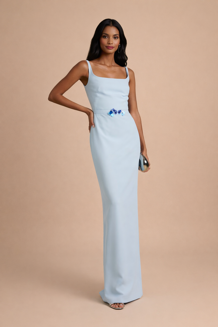 sleeveless square-neck column dress with floral waist detail – AZURIA