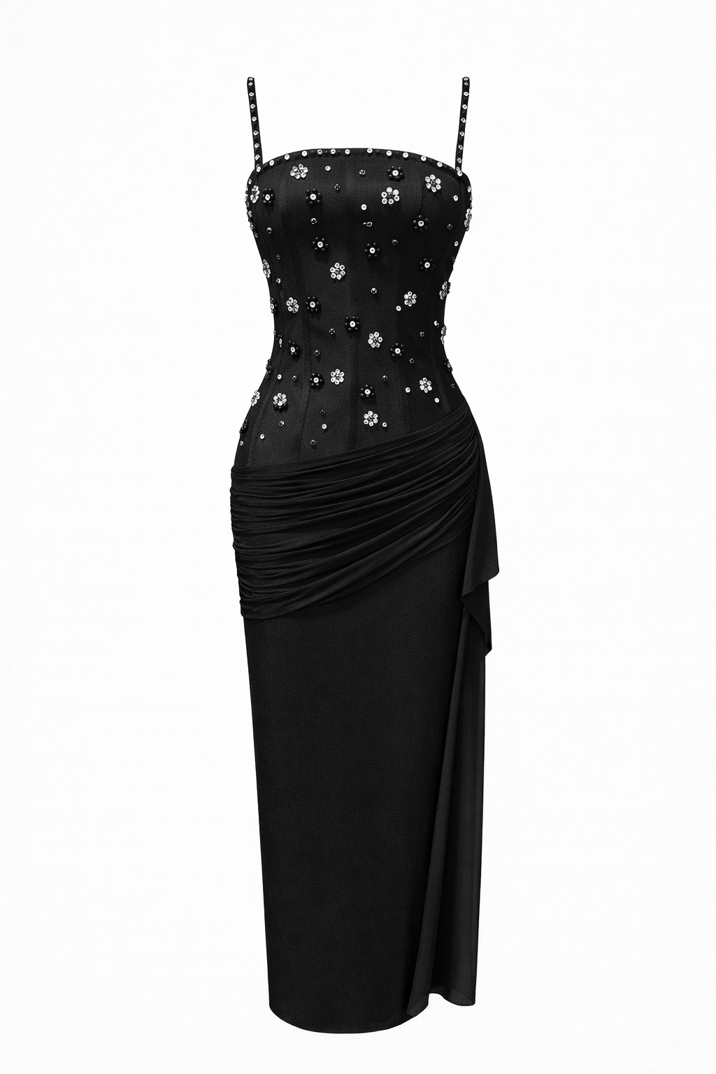 spaghetti strap fitted midi dress with floral crystal embellishments – RUBY