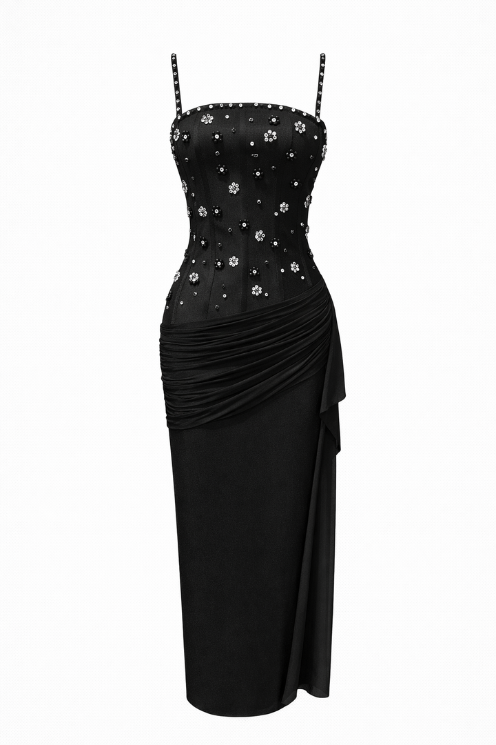 spaghetti strap fitted midi dress with floral crystal embellishments – RUBY