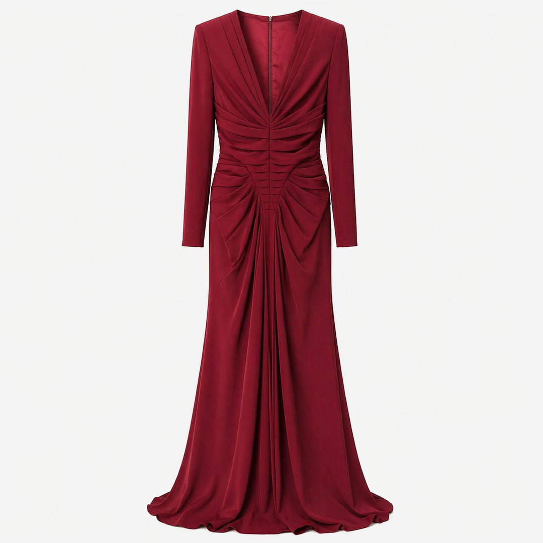 Red Ruched Mermaid Maxi Dress with Deep V Neck - RUBELLA