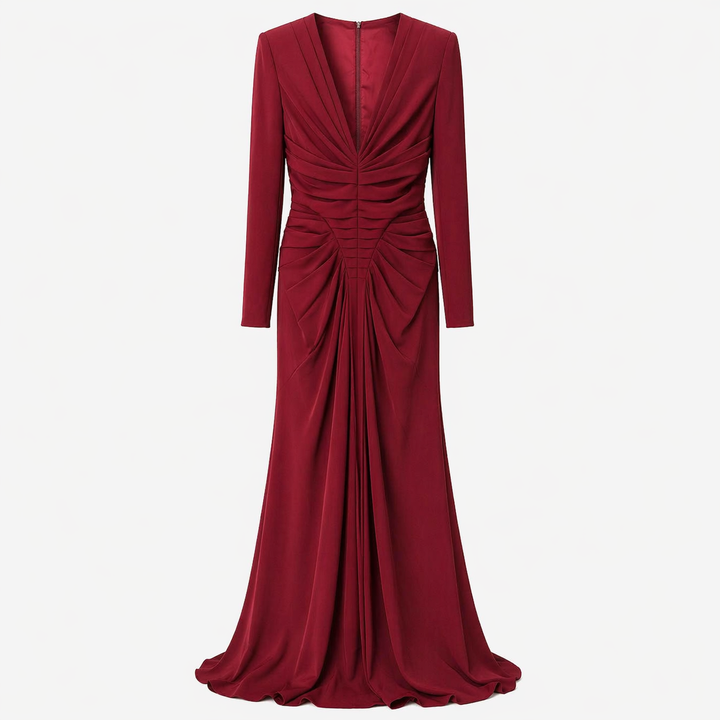 Red Ruched Mermaid Maxi Dress with Deep V Neck - RUBELLA
