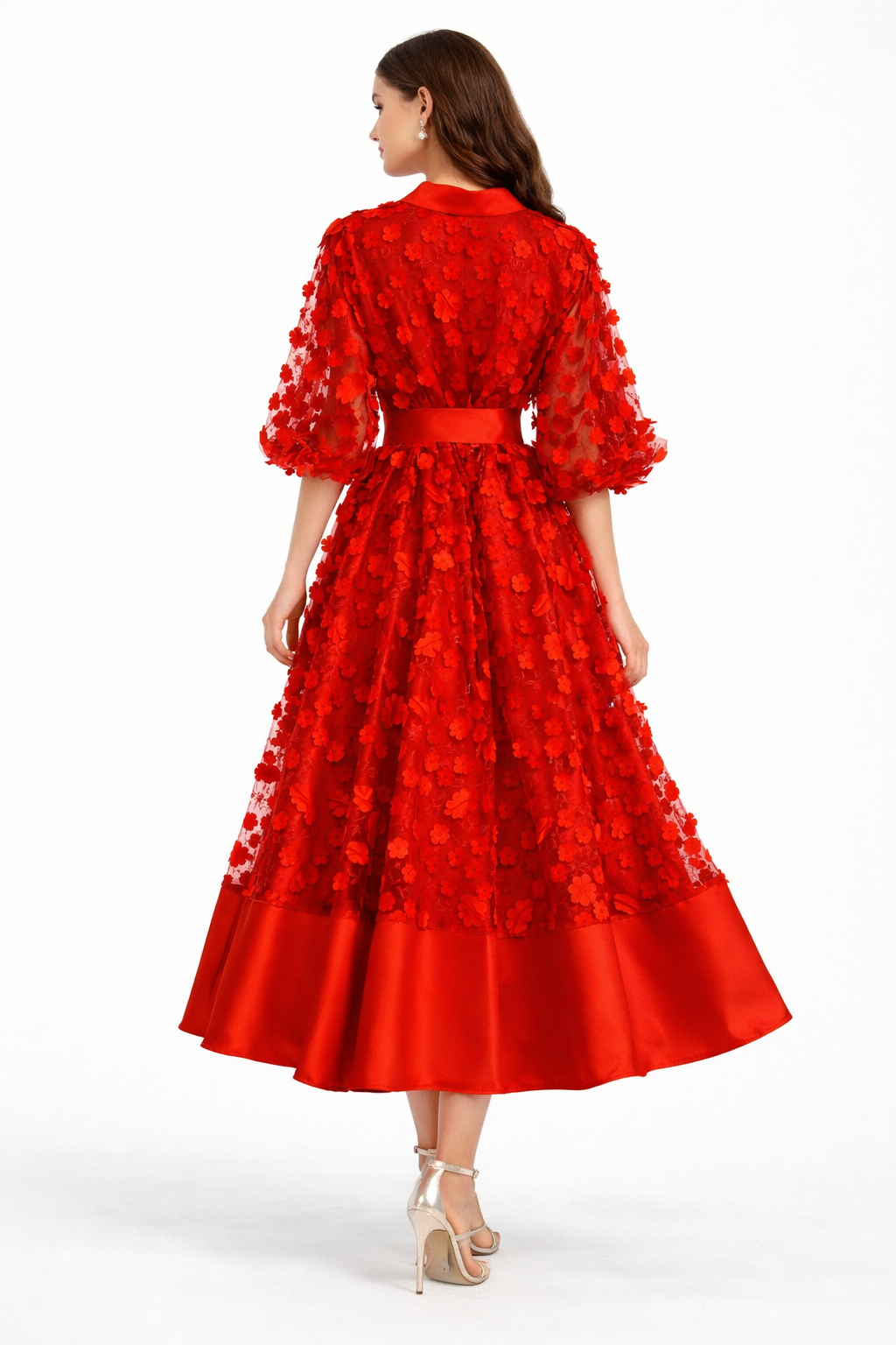 floral lace midi dress with satin hem and waist bow – ODD- BODY