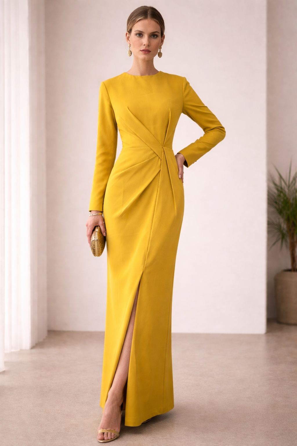 long-sleeve draped column dress with asymmetric waist detail – SOLARA