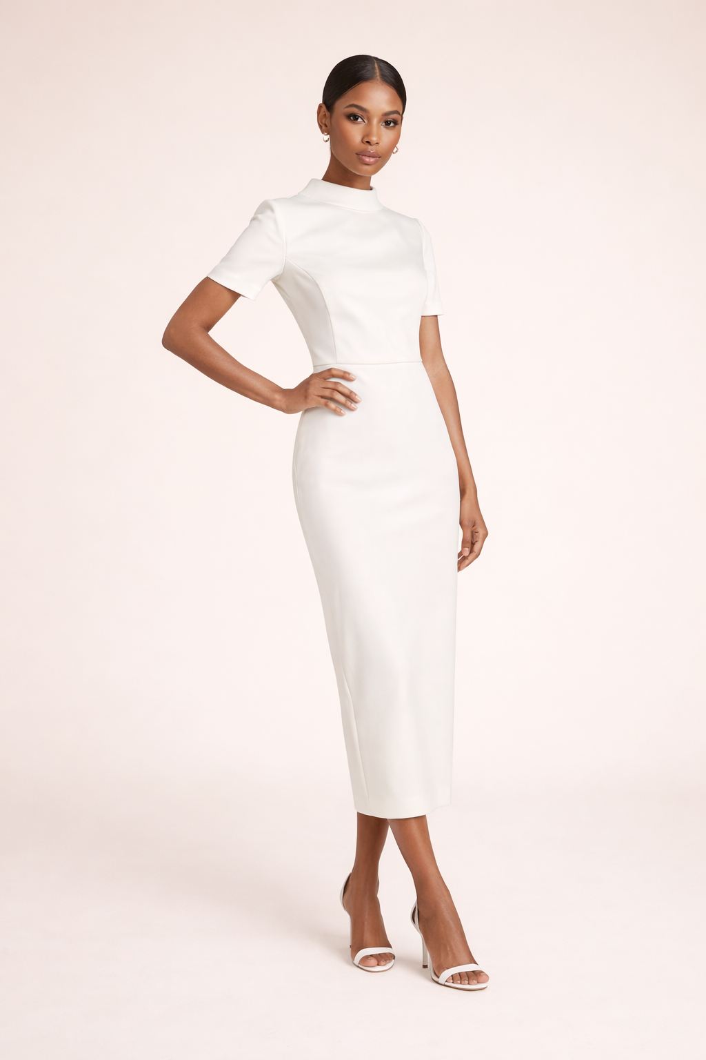 high-neck midi column dress with short sleeves – ELARA