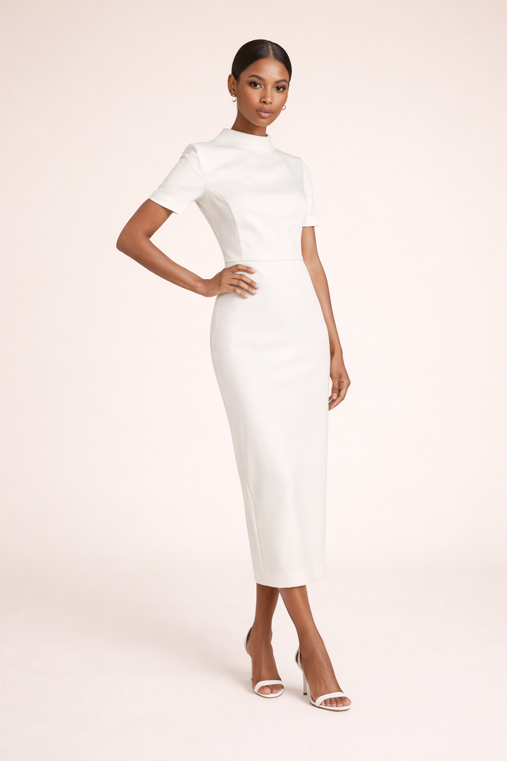 high-neck midi column dress with short sleeves – ELARA