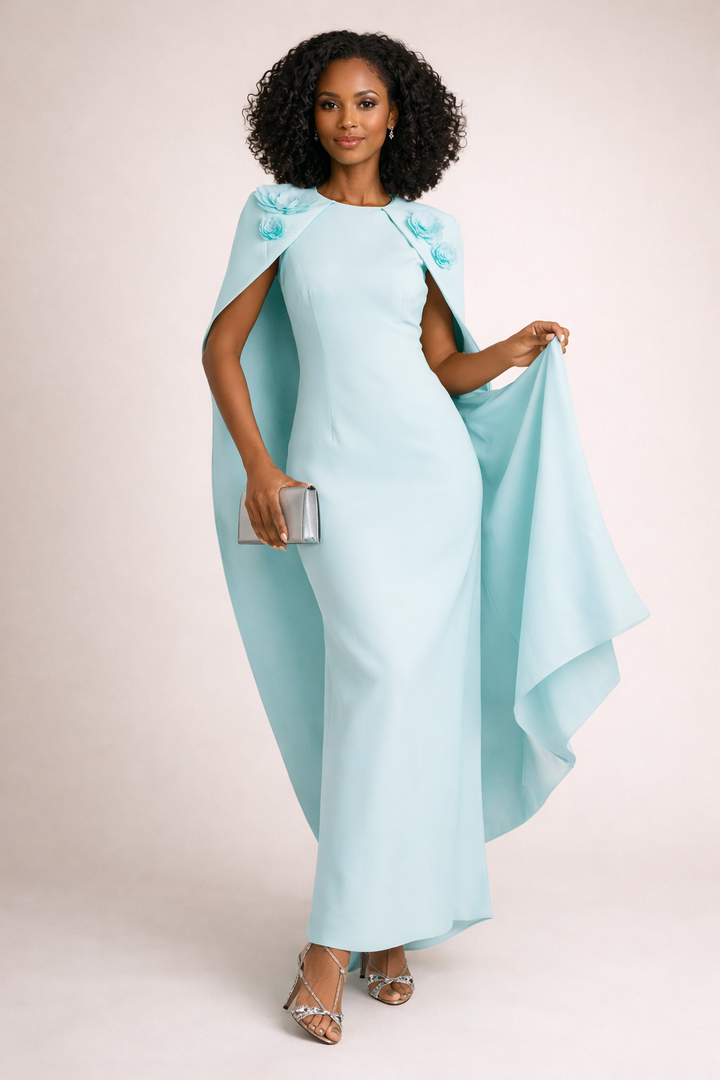 cape column dress with floral shoulder appliqué – CELESTIA