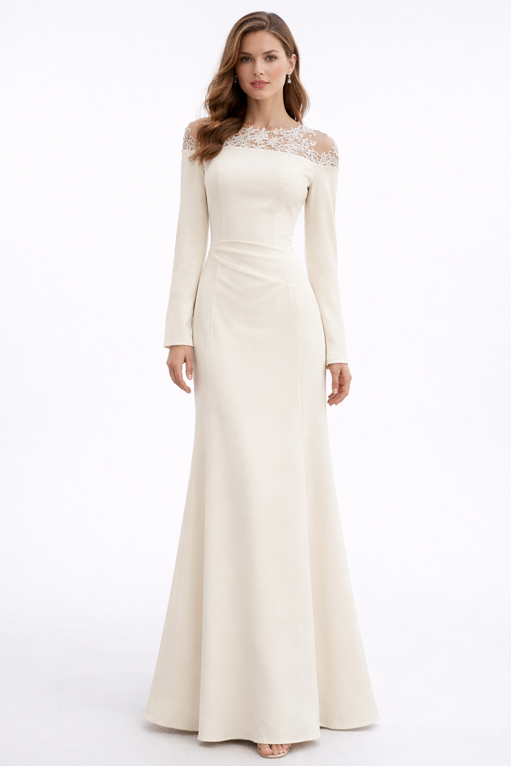 long sleeve satin dress with lace illusion neckline – GRACE