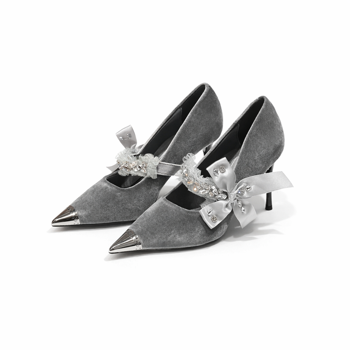 pointed toe velvet pumps with ribbon bow and crystal strap – VELORA