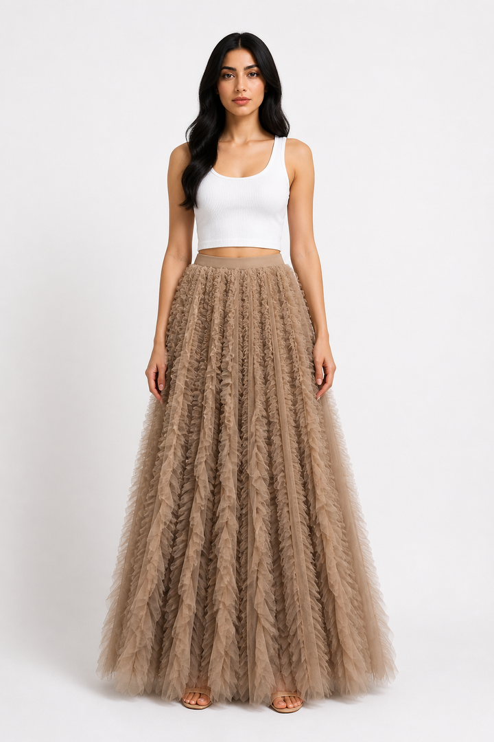 Beige Ruffled Tulle Maxi Skirt – AURÉLIA