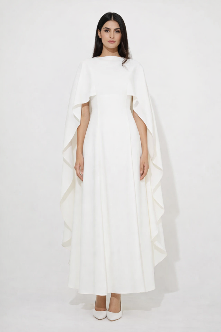 cape sleeve A-line dress with flowing silhouette – IVORYS