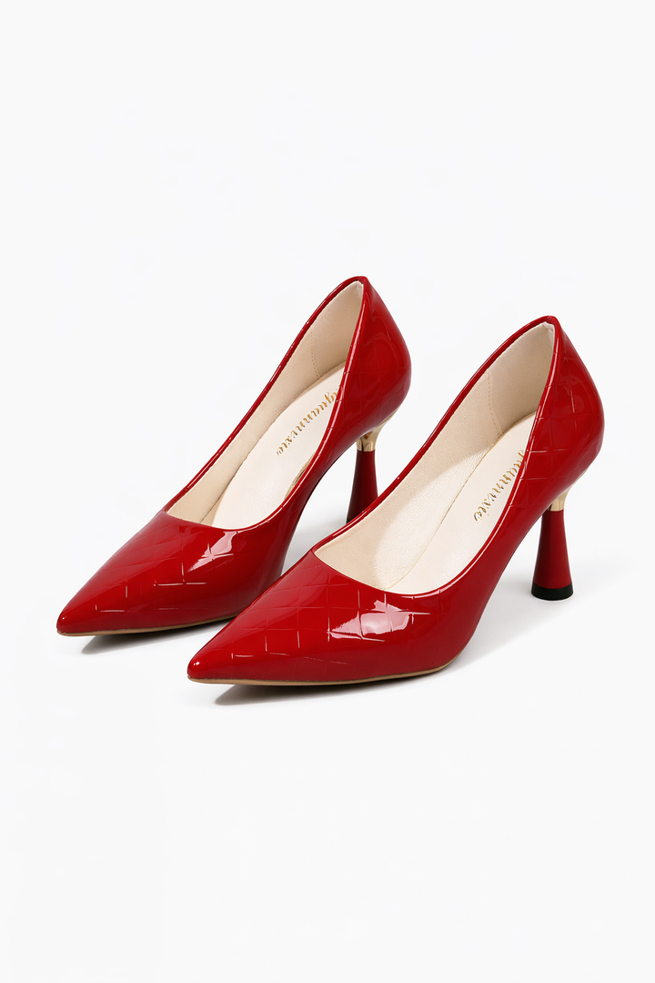 pointed toe patent leather heels with sculpted metallic heel – ICON