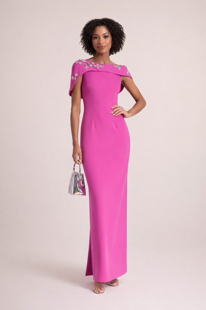 column gown with embellished cape neckline – FUCHSIA