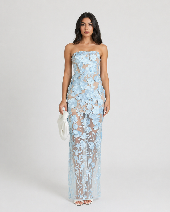 Sheer Floral Lace Strapless Maxi Dress - FIORELLA
