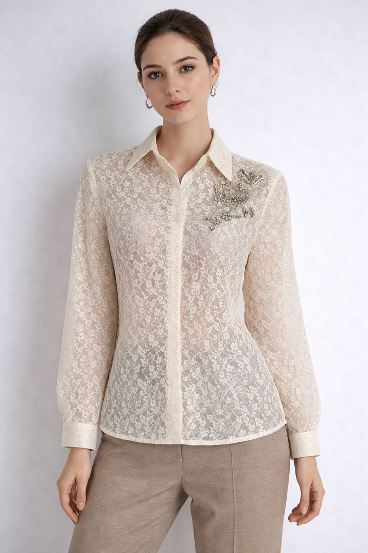 lace long sleeve shirt dress with waist tie – IVORY
