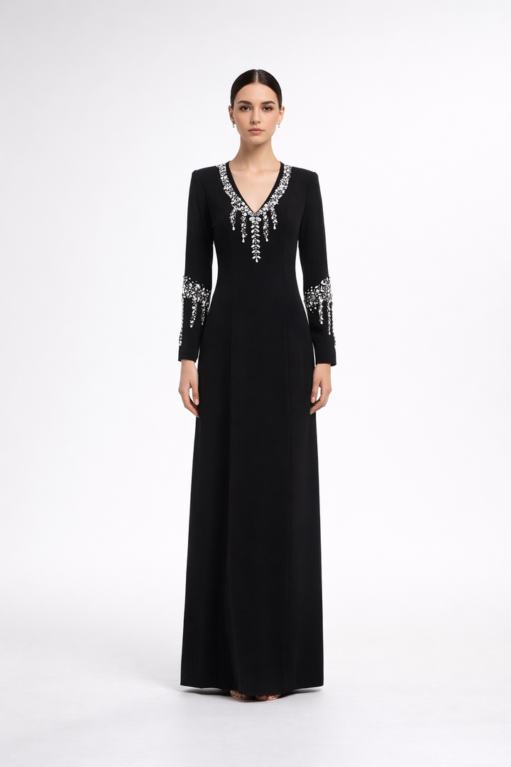long sleeve column dress with embellished neckline and cuff details – GLIMMER