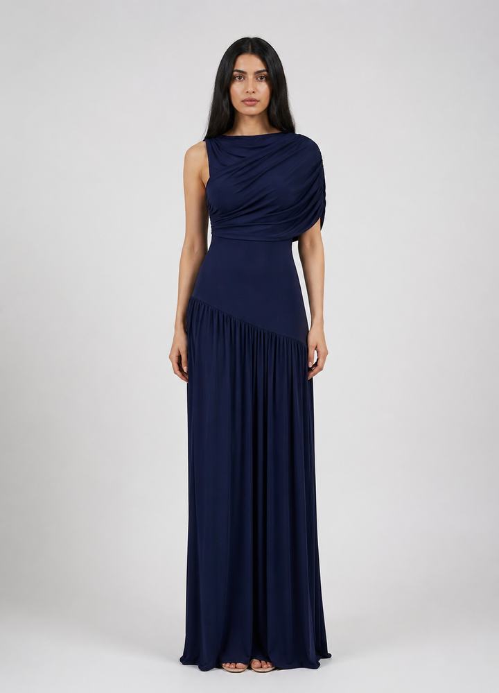 Sky Blue One-Shoulder Draped Maxi Dress - AZURIA