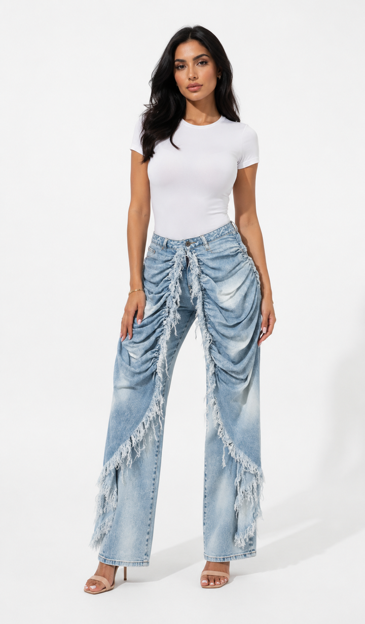 Ruched Raw Edge Denim Pants - Trendy