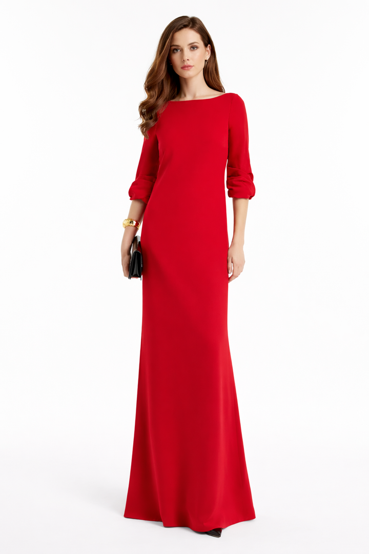 boat-neck column gown with rolled sleeves – ROSARIA