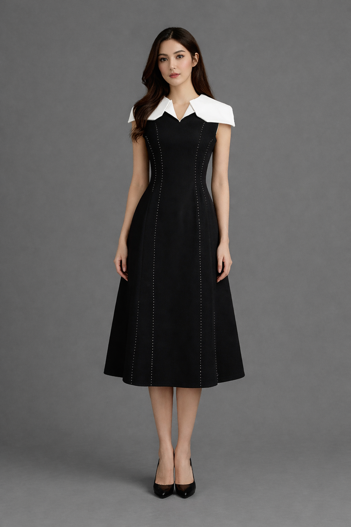 sleeveless midi dress with contrast oversized collar and contour stitching – MONO