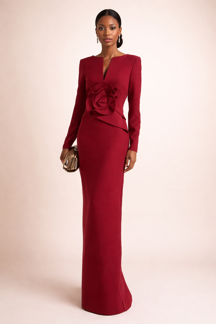 long-sleeve column gown with sculpted floral waist – SASYON
