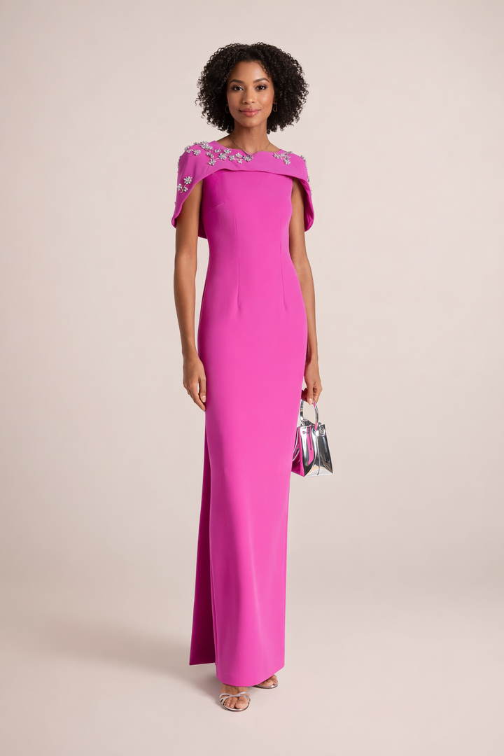 column gown with embellished cape neckline – FUCHSIA