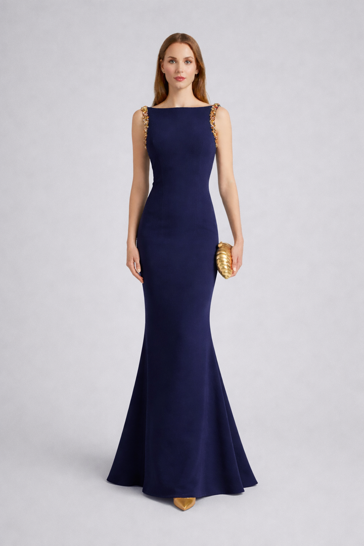 sleeveless column gown with embellished shoulder straps – VALERIA