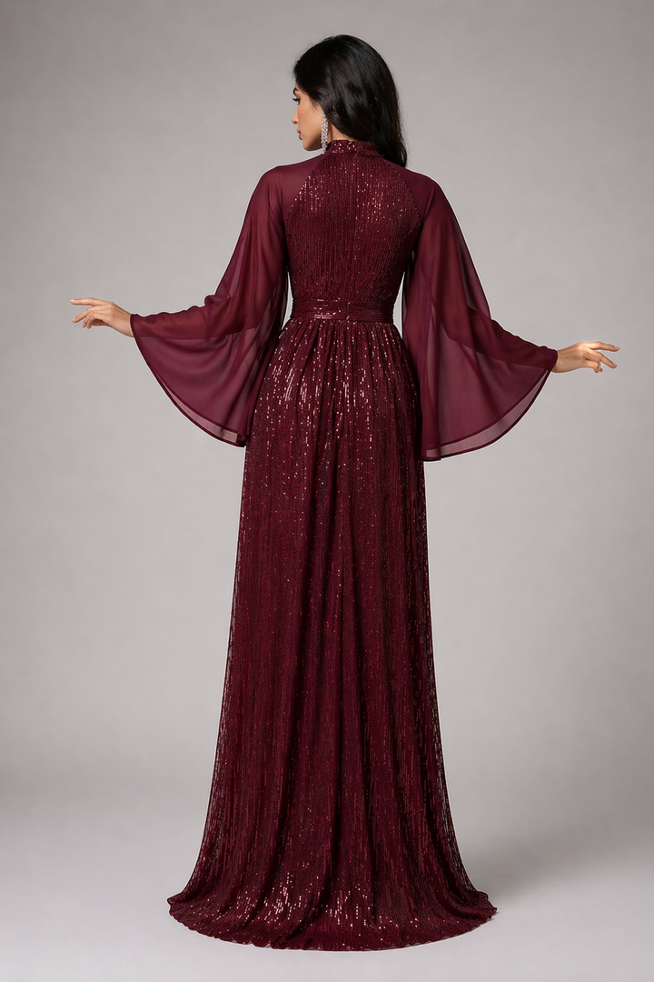 Burgundy Sequin Flowy Sleeve Evening Dress-ELVIRE