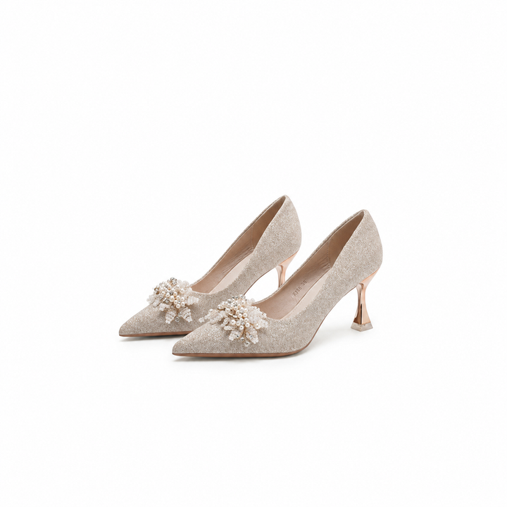 Champagne Glitter Pointed-Toe Heels with Pearl Embellishment – ÉLARA
