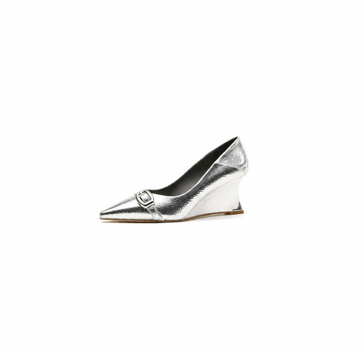 pointed toe metallic wedge pumps with buckle detail – LUMIA