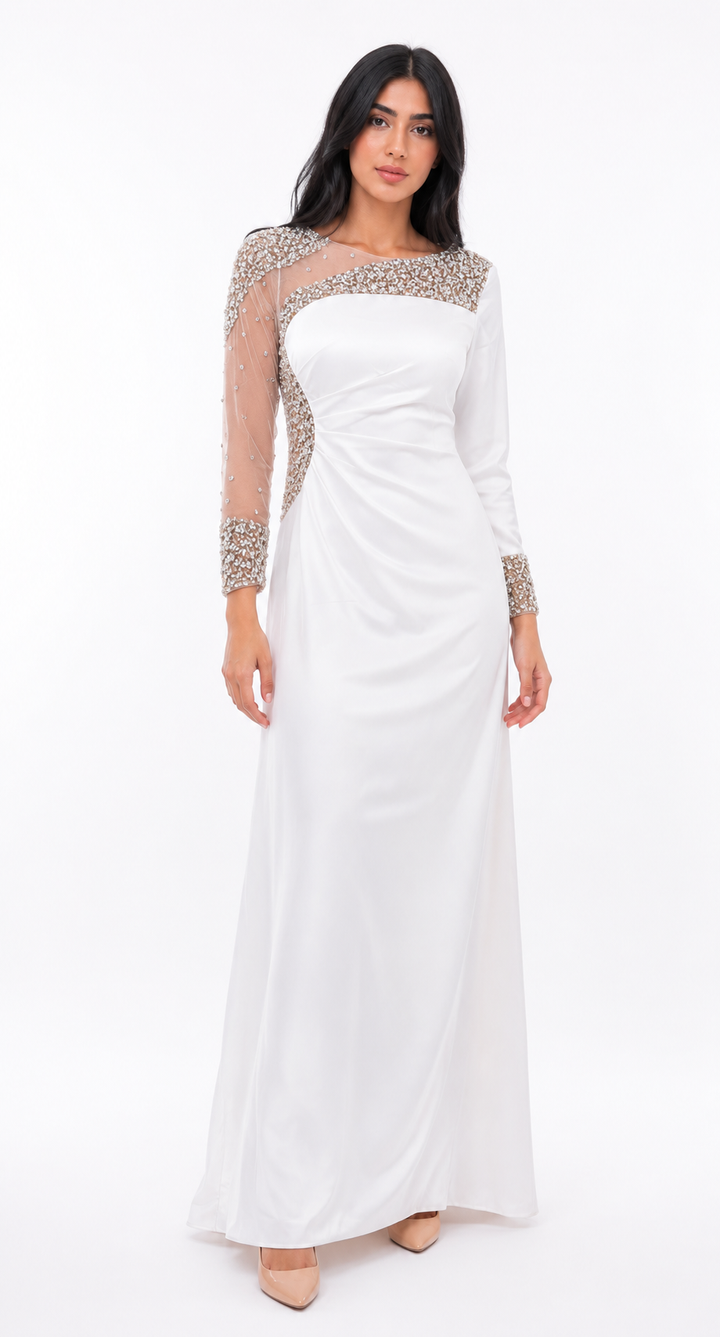 one-shoulder mermaid gown with embellished illusion sleeve – GLAM