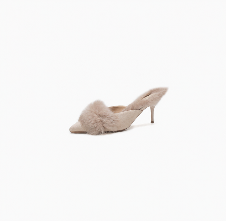 pointed mule heel with feather trim – BLUSH