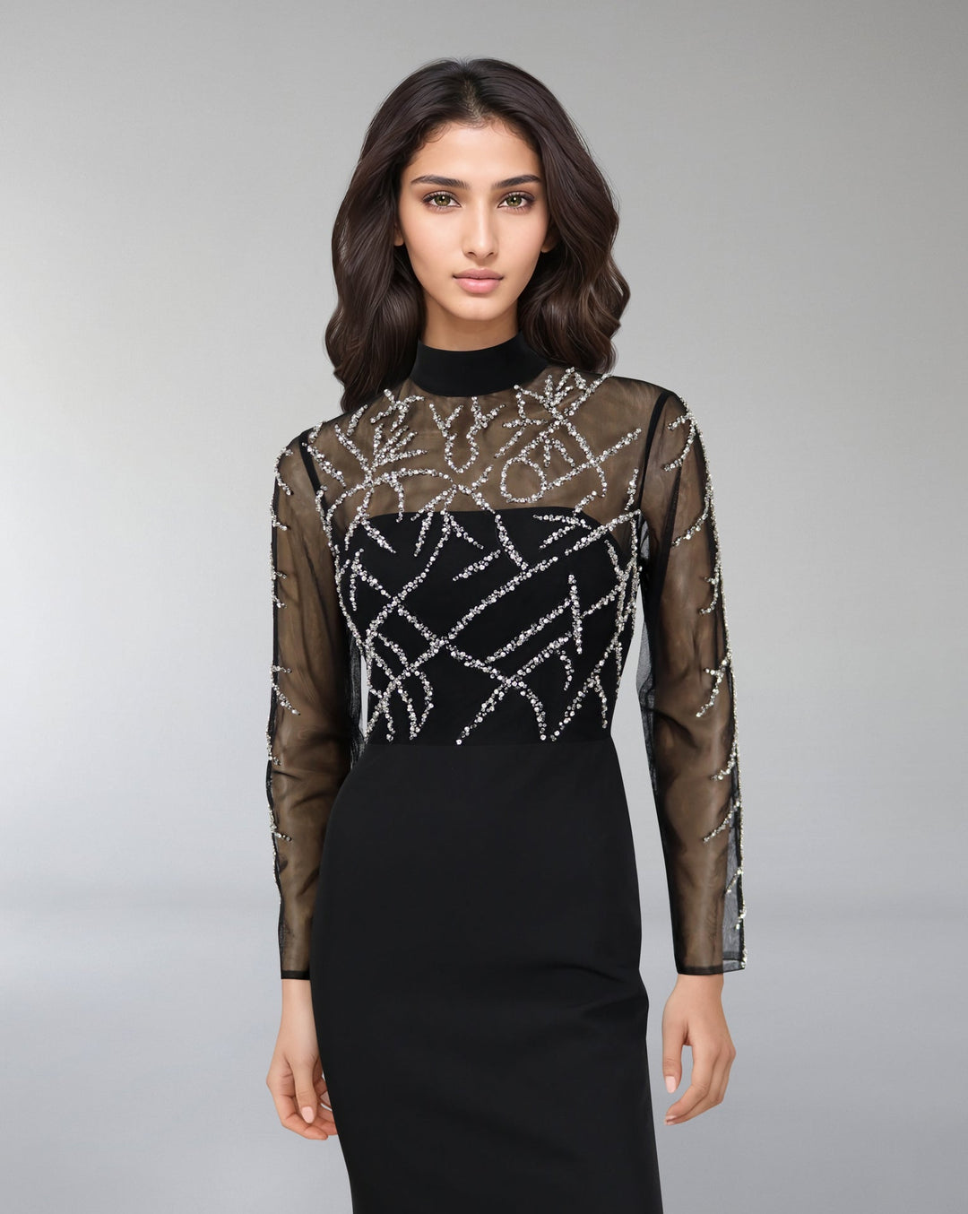 ODD-Beaded column dress with see-through top-Rumer