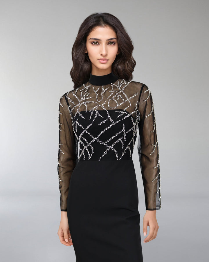 ODD-Beaded column dress with see-through top-Rumer