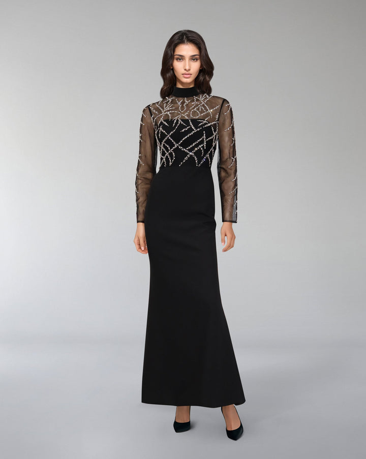 ODD-Beaded column dress with see-through top-Rumer