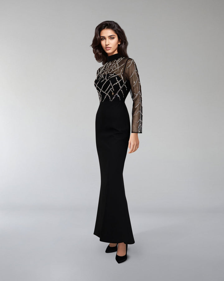ODD-Beaded column dress with see-through top-Rumer