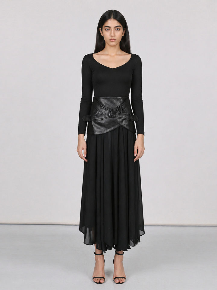 Black Layered Belted Pleated Skirt – NOIRÉ