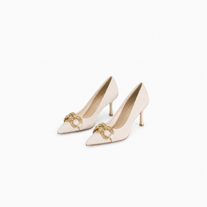 Elegant Black Pointed-Toe High Heels with Gold Chain Detail- CELESTE