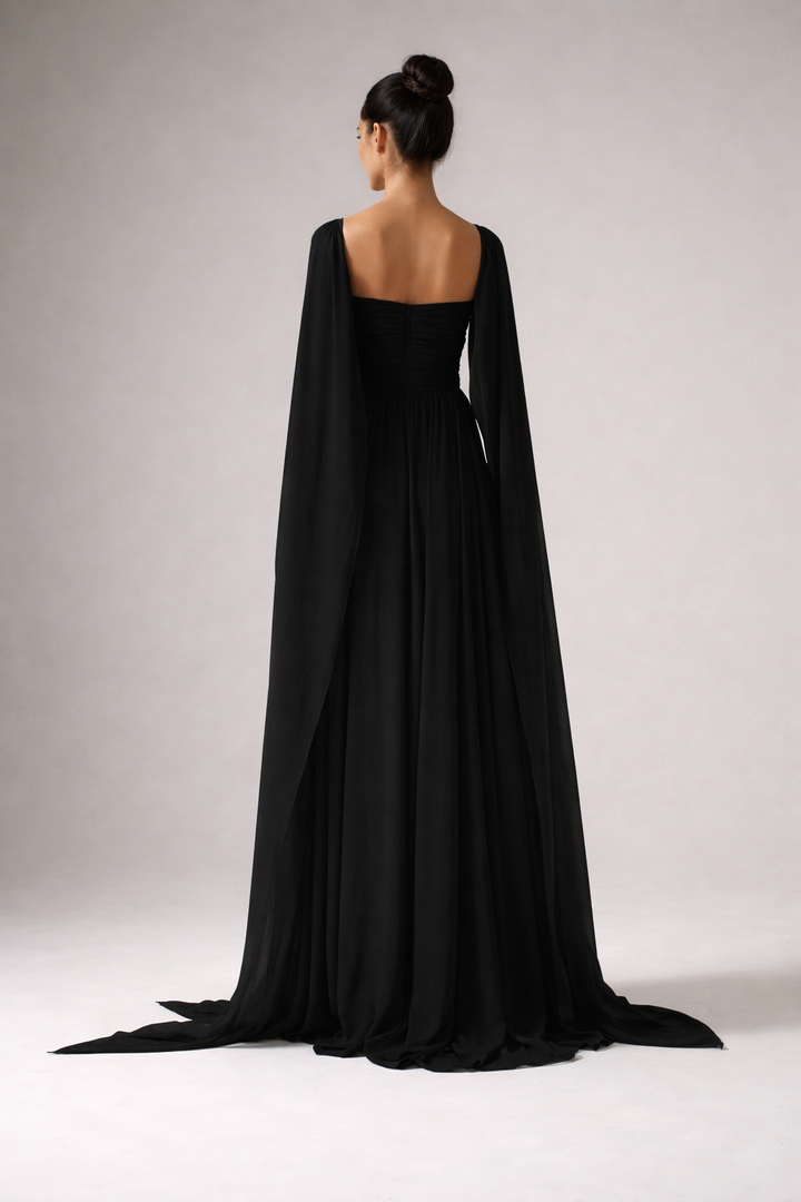 strapless chiffon maxi dress with flowing cape sleeves – NOIR