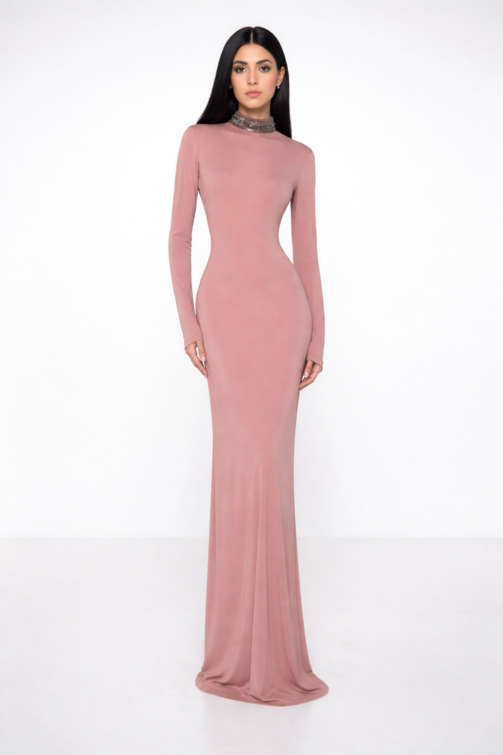 high-neck fitted maxi dress with embellished collar – NUDEA