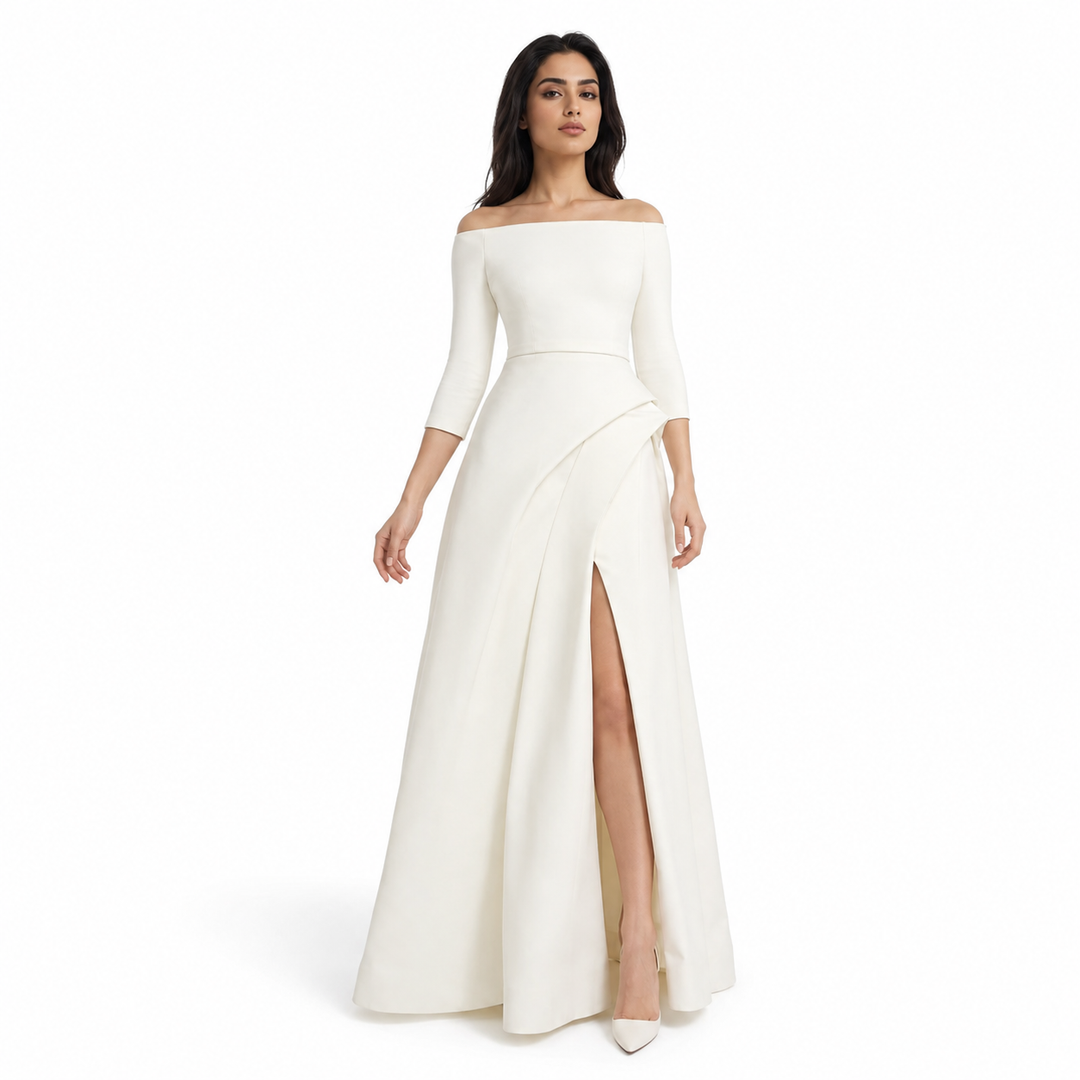 off-shoulder gown with draped slit skirt – ALYAAH