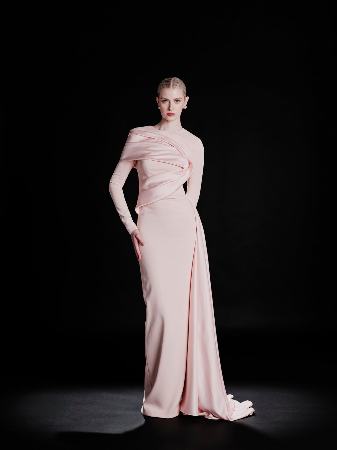 long-sleeve draped column evening gown – RUBINA