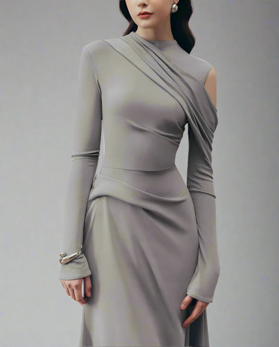 one-sleeve draped satin dress with cut-out shoulder - Magena-1
