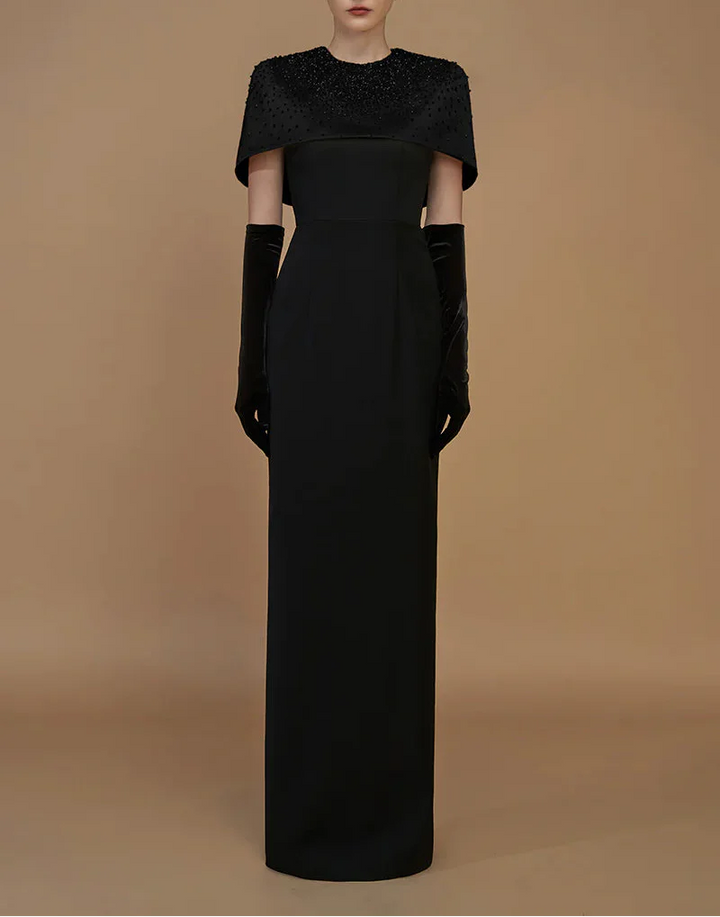 embellished mini-cape column gown – ADRIANA