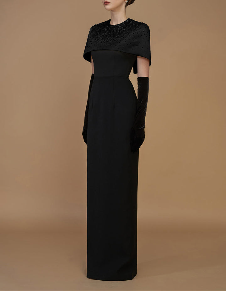 embellished mini-cape column gown – ADRIANA
