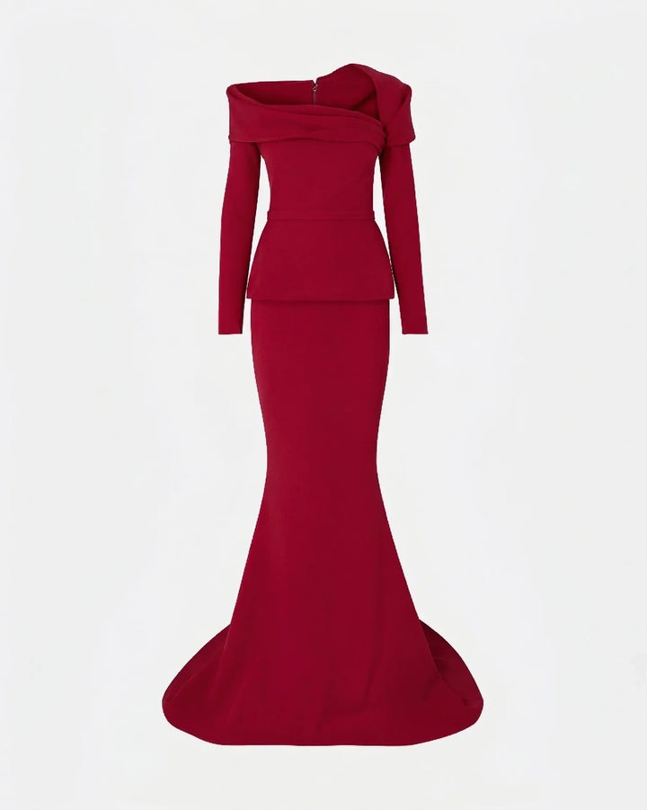 off-shoulder draped gown with peplum waist – SERENL-1
